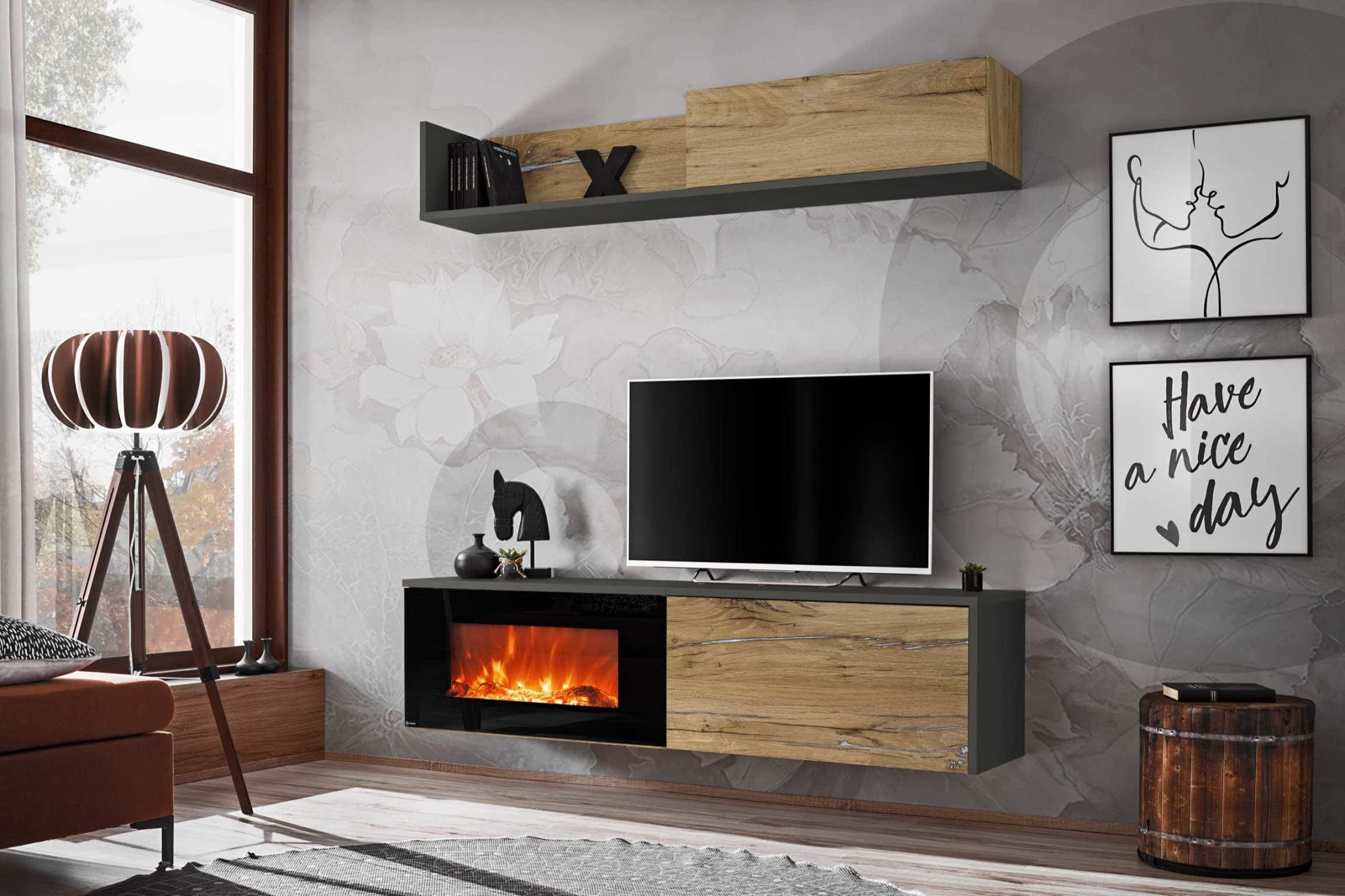 AllAll Diego E Wall Unit with Electric Fireplace, Living Room