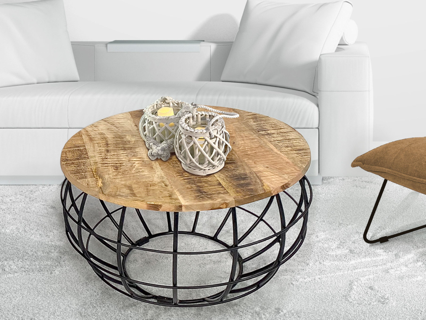 Couchtisch nachhaltig rund ø  cm Wohnzimmer-Tisch Massivholz London  Metall Gitter Metall Gestell