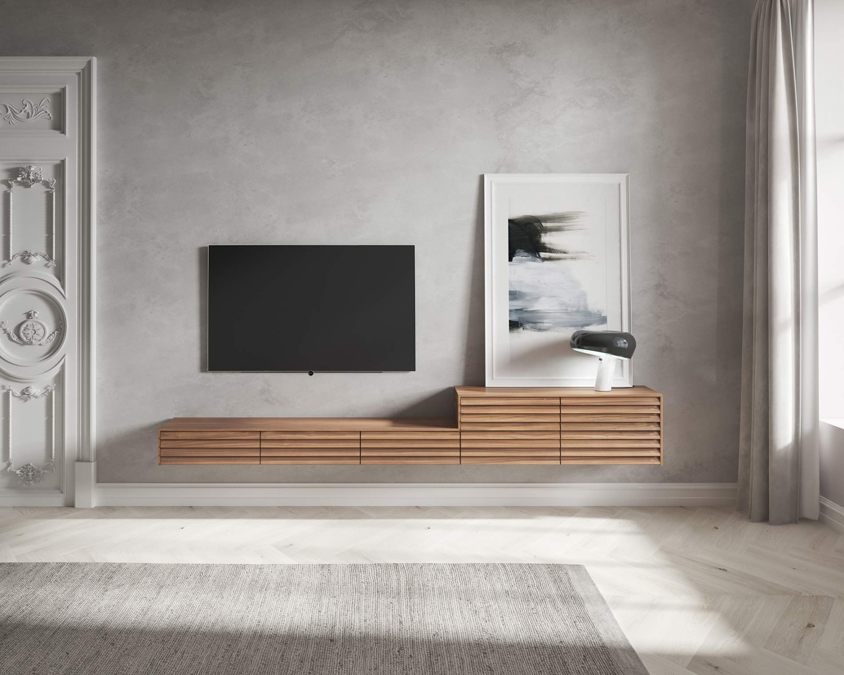 Wohnzimmer mit Designer Lowboard und TV Wandpaneel