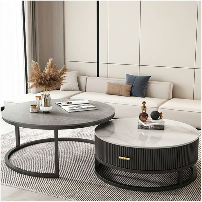 Round Nesting Coffee Table for Living Room Balcony Modern Side End Table  Cocktail Table Set of  Sofa Table with Drawer Sintered Stone Top and Metal